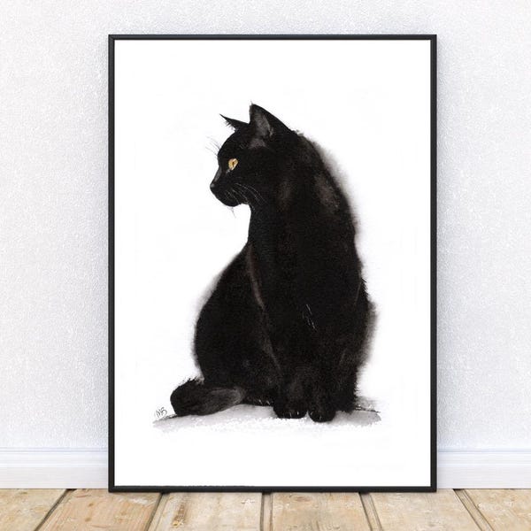 Black Cat Watercolour Painting Art Print , Cat Lovers Gift, Cat Fine Art, Black Cat Gifts