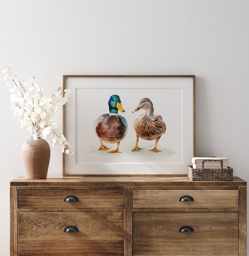 Mallard ducks couple art print framed on a wooden chest of drawers