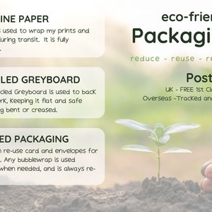 May include: Eco-friendly packaging information with text that reads "Glassine Paper", "Recycled Greyboard", "Re-used Packaging", "eco-friendly Packaging", "reduce - reuse - recycle", "Postage", "UK - FREE 1st Class Post", "Overseas - Tracked and Signed".