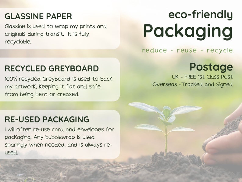 May include: Eco-friendly packaging information with text that reads "Glassine Paper", "Recycled Greyboard", "Re-used Packaging", "eco-friendly Packaging", "reduce - reuse - recycle", "Postage", "UK - FREE 1st Class Post", "Overseas - Tracked and Signed".