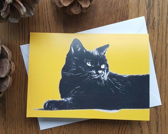 Black Cat Drawing Blank Art Card , Cat Greetings Card, Cat Art, Black Cat, Black Cat Gift, Gift for Cat Lover.