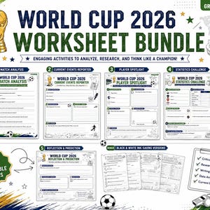 Op de afbeelding: Een World Cup 2026 werkbladbundel voor groep 7 tot en met 3 van de middelbare school, met tien printbare pagina's inclusief wedstrijdanalyses, verslaglegging, spelerprofielen, statistiekuitdagingen en reflectieopdrachten in zwart-wit.