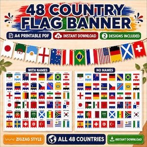 印刷可能な世界各国の国旗ガーランド、国際国旗ガーランド、パーティーデコレーション（デジタルダウンロード）