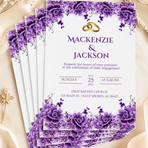 May include: A stack of rectangular engagement invitation cards featuring purple floral borders at the top and bottom. The text reads MACKENZIE & JACKSON, Request the honor of your presence at the celebration of their engagement, SUNDAY OCT 25 2025 AT 8:00 PM, FIRST BAPTIST CHURCH 123 MAIN ST. | GULF SHORES, AL 36425, with two gold rings.