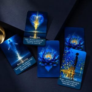 Puede incluir: Cinco cartas de oráculo rectangulares con fondos azul oscuro que muestran ilustraciones de un corazón brillante, una figura humana y flores de loto azules. Cada carta incluye títulos en blanco como Eternal Sea, Reawakening y Garden of Soul, junto con frases inspiradoras cortas impresas en una fuente clara.