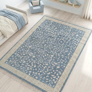Blue Oushak Rug, Hand knotted Wool Rug, Animal Pattern Spotted Area Rug, Greek Key Key Border Carpet, Custom Oushak Rug, Bedroom Wool Rug image 7