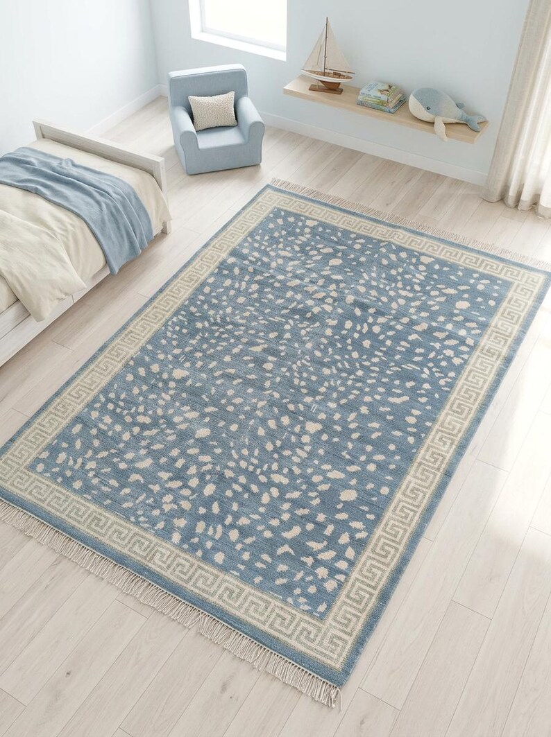 Blue Oushak Rug, Hand knotted Wool Rug, Animal Pattern Spotted Area Rug, Greek Key Key Border Carpet, Custom Oushak Rug, Bedroom Wool Rug image 7