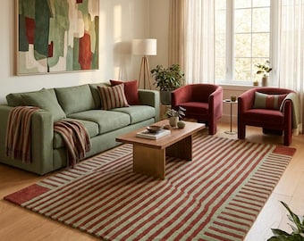 Hand Tufted Wool Carpet, Rust Red Striped Area Rug, Contemporary Living Room Rug, Mid Century Accent Rug, Custom Size Wool Rug