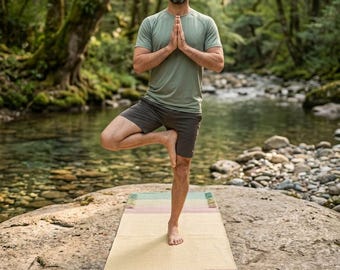 Puede incluir: Una esterilla de yoga rectangular con un patrón de rayas horizontales en tonos amarillo pálido, rosa suave y verde salvia, con detalles de flecos texturizados decorativos en los bordes cortos, colocada sobre una superficie rocosa.