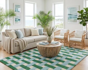 Hand Tufted Wool Area Rug, Modern Geometric Living Room Rug, Mid Century Modern Wool Carpet, Green Blue Runner Rug, Aesthetic Bedroom Decor
