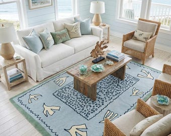 Hand Tufted Wool Carpet, Blue Botanical Area Rug, Coastal Living Room Rug, Mid Century Bird Accent Rug, Custom Size Wool Rug