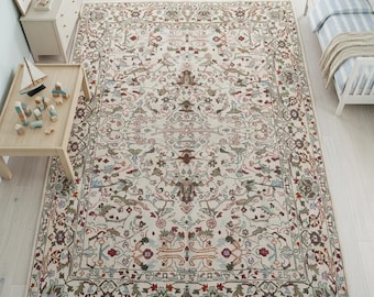 Alfombra Oushak anudada a mano, alfombra de lana color crema marfil, alfombra para sala de estar de estilo costero, alfombra turca con estampado floral colorido, alfombra de 2.4 x 3 metros.