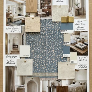May include: A design mood board featuring a central blue and cream patterned rug swatch surrounded by various interior design photographs, material samples, and color swatches labeled with text including Collected & Timeless, Heritage Meets Modern, and Artisan Character.