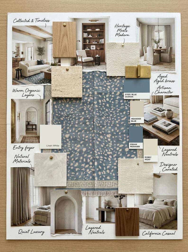 May include: A design mood board featuring a central blue and cream patterned rug swatch surrounded by various interior design photographs, material samples, and color swatches labeled with text including Collected & Timeless, Heritage Meets Modern, and Artisan Character.