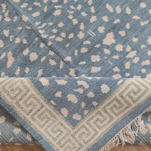 Blue Oushak Rug, Hand knotted Wool Rug, Animal Pattern Spotted Area Rug, Greek Key Key Border Carpet, Custom Oushak Rug, Bedroom Wool Rug image 2