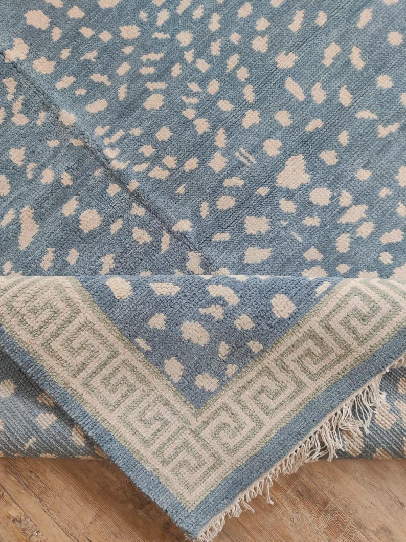 Blue Oushak Rug, Hand knotted Wool Rug, Animal Pattern Spotted Area Rug, Greek Key Key Border Carpet, Custom Oushak Rug, Bedroom Wool Rug image 2