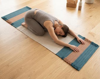 Handwoven Cotton Yoga Mat - Teal Cream & Rust Exercise Rug, Washable Non Toxic Meditation Mat, Eco-Friendly Natural Fiber Yoga Rug