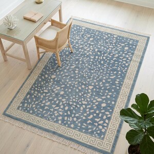 Blue Oushak Rug, Hand knotted Wool Rug, Animal Pattern Spotted Area Rug, Greek Key Key Border Carpet, Custom Oushak Rug, Bedroom Wool Rug image 15