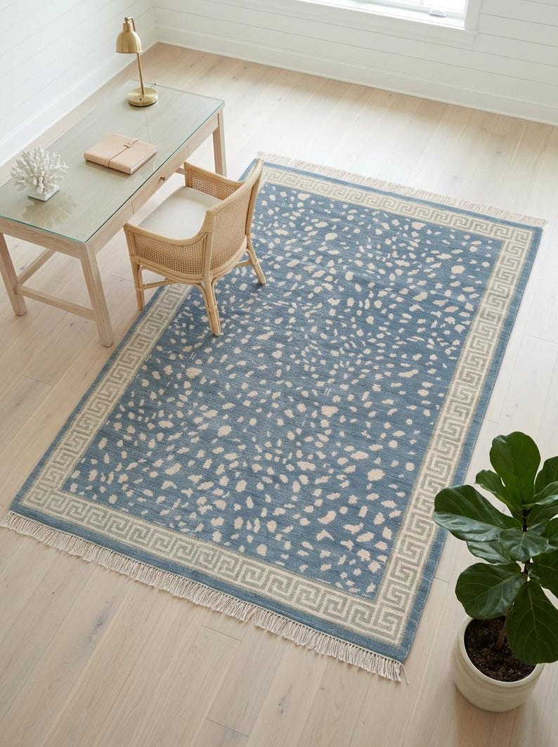 Blue Oushak Rug, Hand knotted Wool Rug, Animal Pattern Spotted Area Rug, Greek Key Key Border Carpet, Custom Oushak Rug, Bedroom Wool Rug image 15