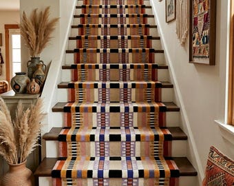 May include: A staircase runner featuring a geometric pattern in shades of black, white, orange, purple, and tan. The carpet runner covers the center of the wooden stairs, extending from the bottom step to the top landing in a repeating design.