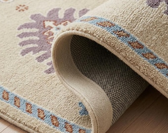 Alfombra de lana tejida a mano a medida, alfombra tradicional turca con estampado, alfombra suave de color beige neutro para la decoración del hogar, alfombra de lana hecha a mano de 8x10 y 9x12 pulgadas.