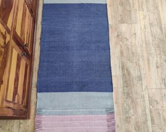 May include: A rectangular runner rug featuring a color-blocked design with horizontal stripes in shades of deep blue, light gray, and soft pink. The rug has a woven texture and is finished with decorative fringe tassels along both short ends.