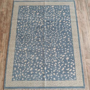 Blue Oushak Rug, Hand knotted Wool Rug, Animal Pattern Spotted Area Rug, Greek Key Key Border Carpet, Custom Oushak Rug, Bedroom Wool Rug image 8