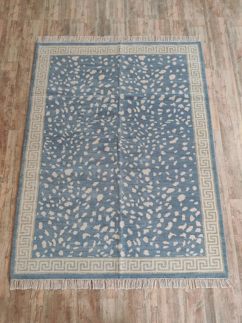 Blue Oushak Rug, Hand knotted Wool Rug, Animal Pattern Spotted Area Rug, Greek Key Key Border Carpet, Custom Oushak Rug, Bedroom Wool Rug image 8