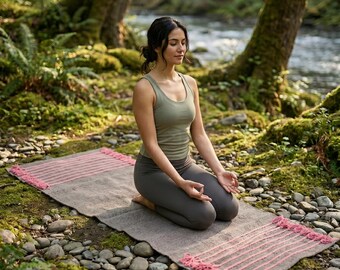 May include: A rectangular yoga mat in a muted gray tone featuring textured pink striped sections at both ends with decorative fringe. The mat is crafted from a woven fabric material and is laid out flat on a surface covered in smooth river stones.