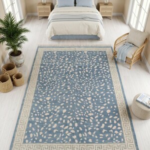 Blue Oushak Rug, Hand knotted Wool Rug, Animal Pattern Spotted Area Rug, Greek Key Key Border Carpet, Custom Oushak Rug, Bedroom Wool Rug image 9