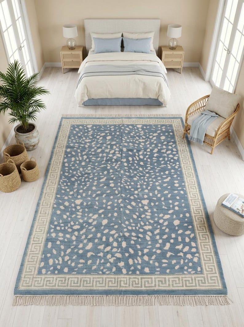 Blue Oushak Rug, Hand knotted Wool Rug, Animal Pattern Spotted Area Rug, Greek Key Key Border Carpet, Custom Oushak Rug, Bedroom Wool Rug image 9