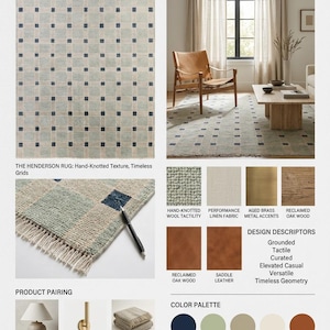K&ouml;nnte beinhalten: Ein Moodboard f&uuml;r den Henderson-Teppich von Arthur & Grey mit einem gittergemusterten Teppich in Marineblau, Salbei und Creme. Das Board enth&auml;lt eine Raumszene, eine Nahaufnahme der handgekn&uuml;pften Wollstruktur, Materialmuster, Produktkombinationen und eine Farbpalette.