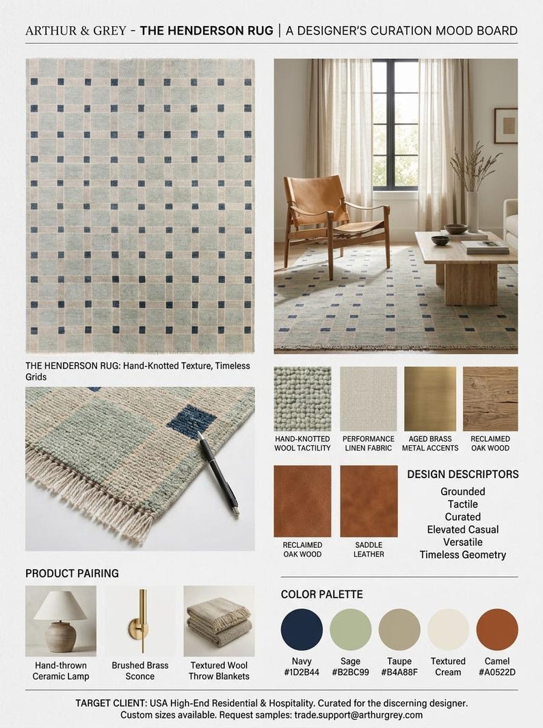 K&ouml;nnte beinhalten: Ein Moodboard f&uuml;r den Henderson-Teppich von Arthur & Grey mit einem gittergemusterten Teppich in Marineblau, Salbei und Creme. Das Board enth&auml;lt eine Raumszene, eine Nahaufnahme der handgekn&uuml;pften Wollstruktur, Materialmuster, Produktkombinationen und eine Farbpalette.