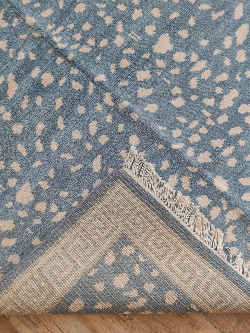 Blue Oushak Rug, Hand knotted Wool Rug, Animal Pattern Spotted Area Rug, Greek Key Key Border Carpet, Custom Oushak Rug, Bedroom Wool Rug image 12