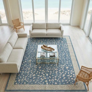 Blue Oushak Rug, Hand knotted Wool Rug, Animal Pattern Spotted Area Rug, Greek Key Key Border Carpet, Custom Oushak Rug, Bedroom Wool Rug image 1