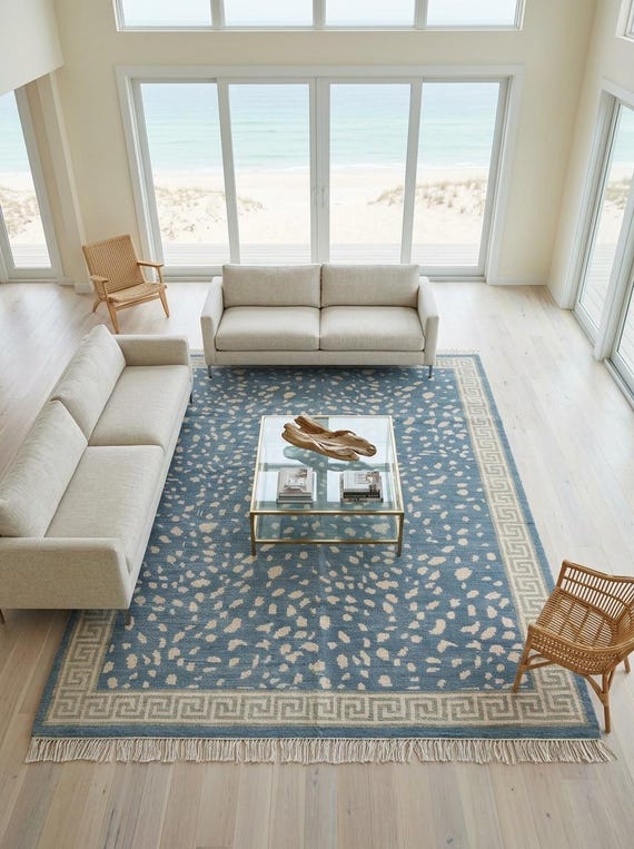 Blue Oushak Rug, Hand knotted Wool Rug, Animal Pattern Spotted Area Rug, Greek Key Key Border Carpet, Custom Oushak Rug, Bedroom Wool Rug
