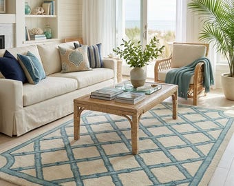 Hand Tufted Wool Carpet, Blue Trellis Area Rug, Coastal Living Room Rug, Mid Century Accent Rug, Custom Size Scalloped Border Wool Rug