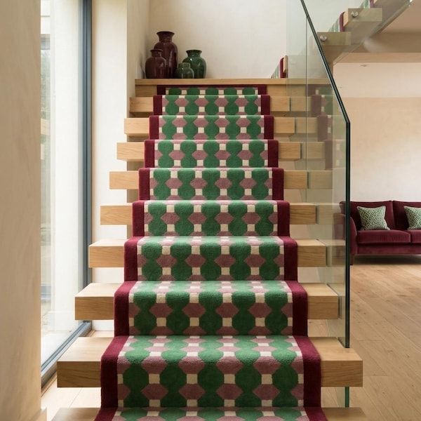 Hand Tufted Wool Stair Runner, Green Pink Geometric Hallway Runner Rug, Entryway Bedside Runner, Custom Size Wool Carpet, Kitchen Runner