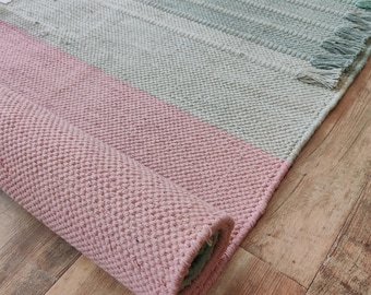 Handwoven Cotton Yoga Mat - Pink & Sage Green Aesthetic Exercise Rug, Eco-Friendly Non Toxic Washable Fitness Mat with Tassels