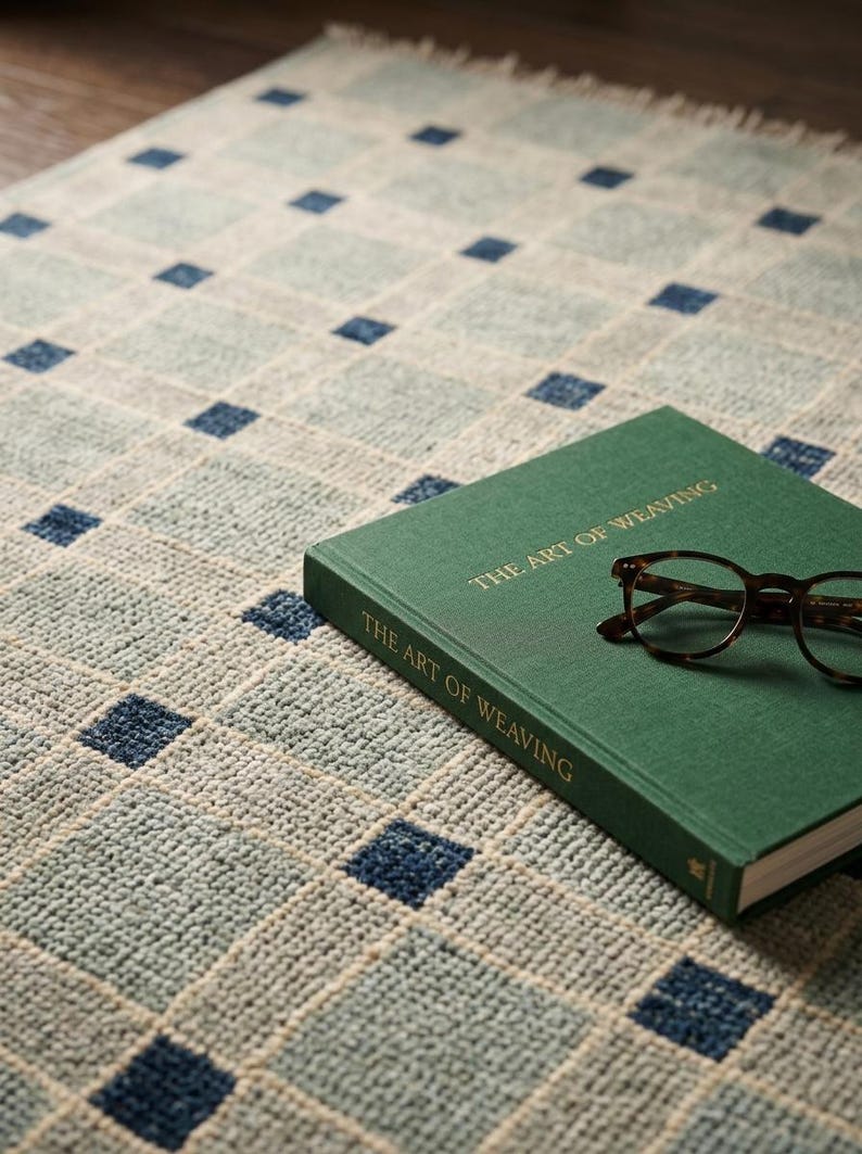 K&ouml;nnte beinhalten: Ein gewebter Teppich mit einem hellblauen und wei&szlig;en Gittermuster und dunkelblauen Quadraten an den Schnittpunkten. Ein gr&uuml;nes gebundenes Buch mit dem Titel THE ART OF WEAVING liegt auf dem Teppich, darauf eine braune Schildpattbrille.