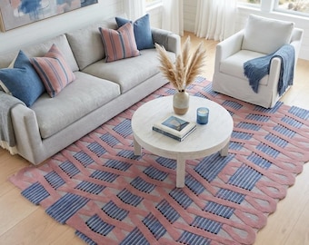 Hand Tufted Wool Carpet, Modern Pink Blue Geometric Area Rug, Mid Century Accent Rug, Custom Size Wool Rug, Pastel Aesthetic Home Decor