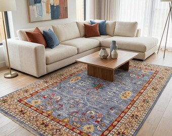 Alfombra Oushak de lana anudada a mano, alfombra vintage azul dorado suave, alfombra tradicional india de tamaño personalizado, decoración de lujo para el suelo de la sala de estar.