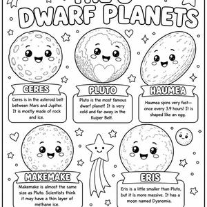 May include: A black and white educational coloring page titled THE 5 DWARF PLANETS. It features illustrations of Ceres, Pluto, Haumea, Makemake, and Eris as smiling characters with text descriptions for each, surrounded by stars and a shooting star.