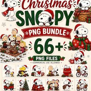 May include: A digital collection of 66+ Snoopy Christmas PNG files featuring the character in various holiday scenes, including wearing Santa hats, holding gifts, reading books, and interacting with friends, all set against a festive background.