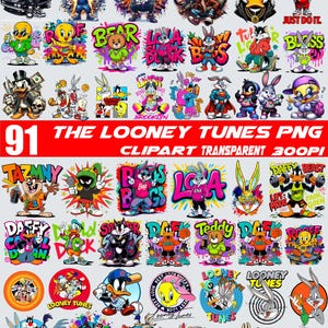 May include: A collection of 91 Looney Tunes digital graphic illustrations featuring various characters like Bugs Bunny, Daffy Duck, and Tweety Bird in vibrant, colourful urban styles with text elements, presented as a transparent PNG clipart set.