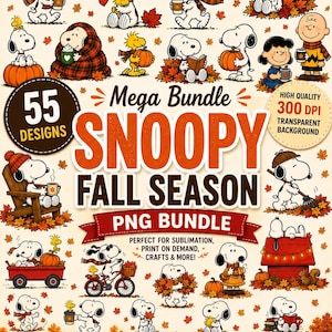 Könnte beinhalten: Eine digitale Sammlung von 55 Snoopy- und Peanuts-Charakterdesigns mit herbstlichen Motiven. Die Grafiken zeigen Snoopy mit Kürbissen, Blättern, Kaffeetassen und Schals sowie den Text 55 DESIGNS SNOOPY FALL SEASON MEGA BUNDLE.