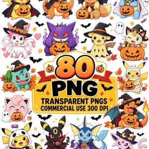 Op de afbeelding: Een verzameling van 80 digitale illustraties met diverse stripfiguren in Halloween-kostuums, waaronder heksenhoeden, capes en spooklakens, elk met een pompoen. De tekst luidt 80 PNG TRANSPARENT PNGS COMMERCIAL USE 300 DPI.