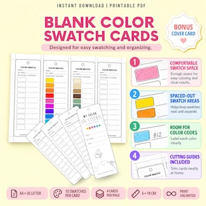 May include: Blank color swatch cards in a printable PDF format. The cards feature spaces for color names, codes, and sets, with ten swatch boxes per card. Includes a cover card with a butterfly illustration and cutting guides for 6 by 18 inch cards.