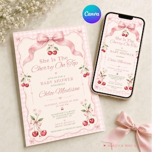 May include: A baby shower invitation card and a smartphone displaying the same invitation design. Both feature a light pink gingham background, a large pink bow at the top, and cherry illustrations with the text She Is The Cherry On Top.