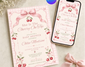 Cherry on Top Baby Shower Invitation, Pink Gingham Bow, Watercolor Cherries (Digital Download)